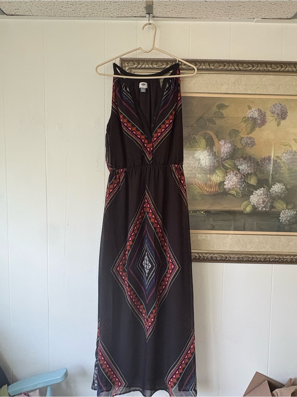 Bohemian Black Maxi Dress with Geometric Print